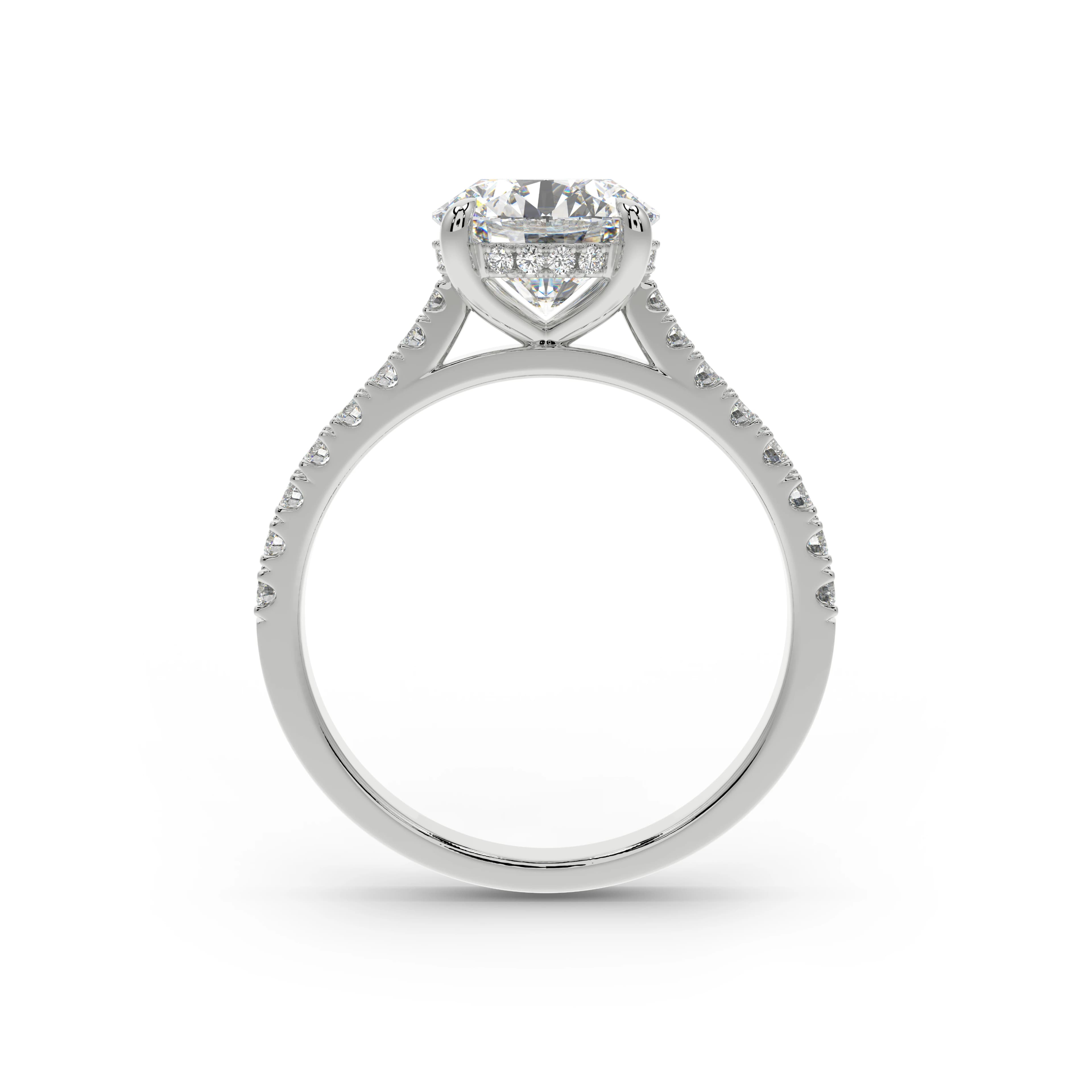 Rendered image of a diamond solitaire ring with a hidden halo and shoulder diamonds in White Gold