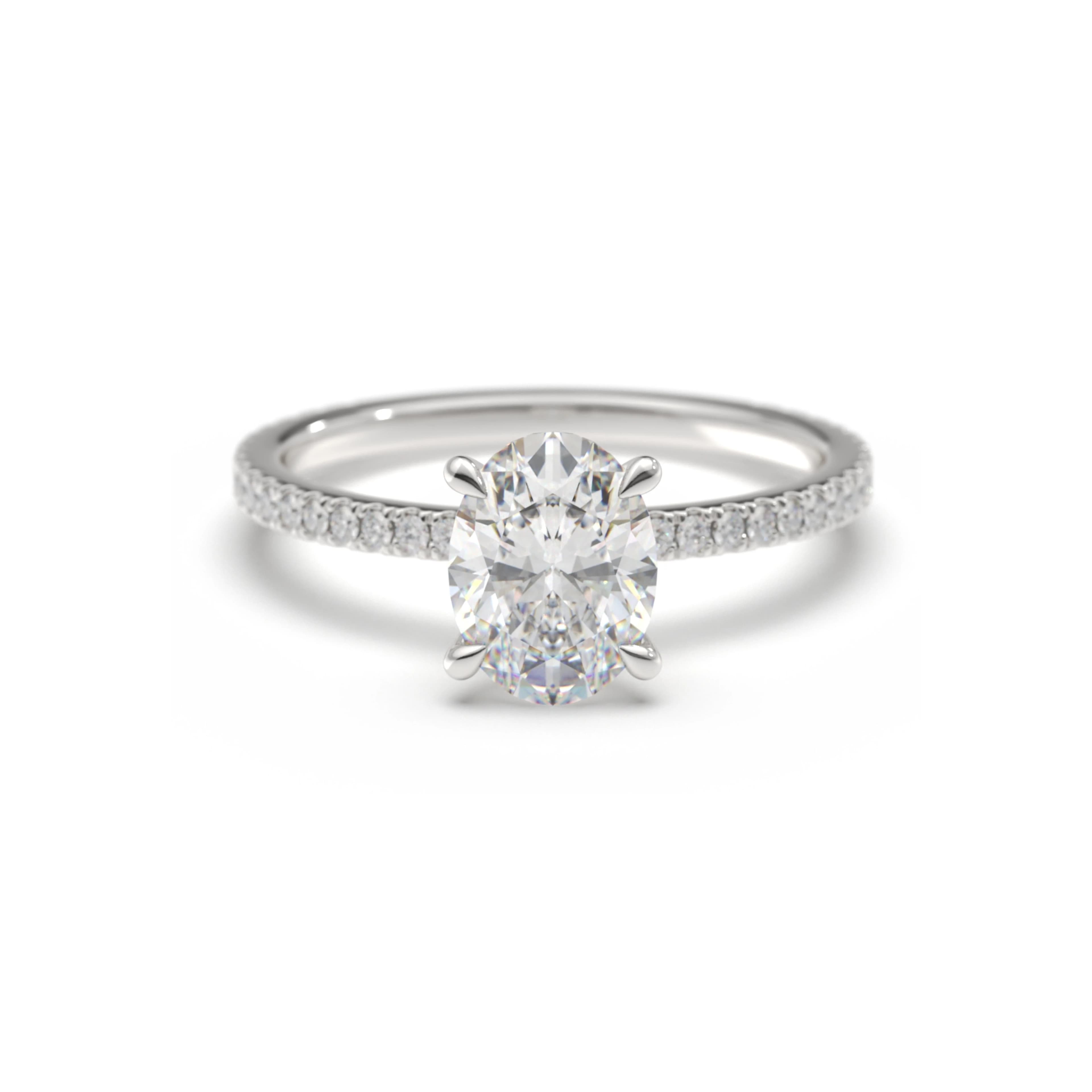 Rendered image of a diamond solitaire ring with a shoudler diamonds in White Gold